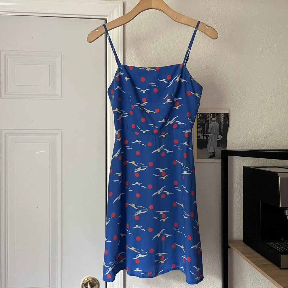 HVN blue bird polka dot silk square neck‎ sleeveless mini dress